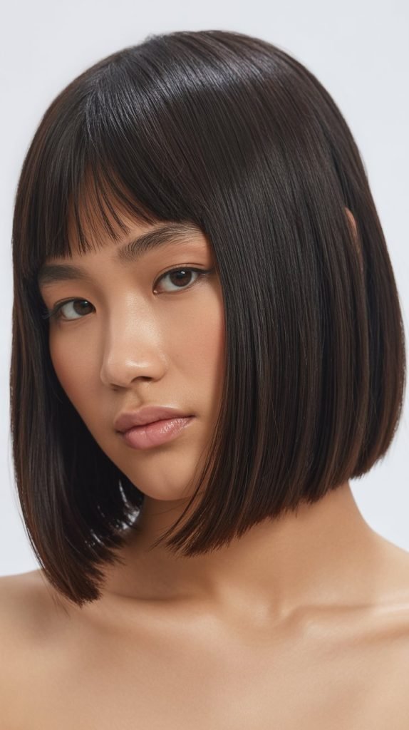 1. Classic Straight Long Bob with Center-Parted Curtain Bangs