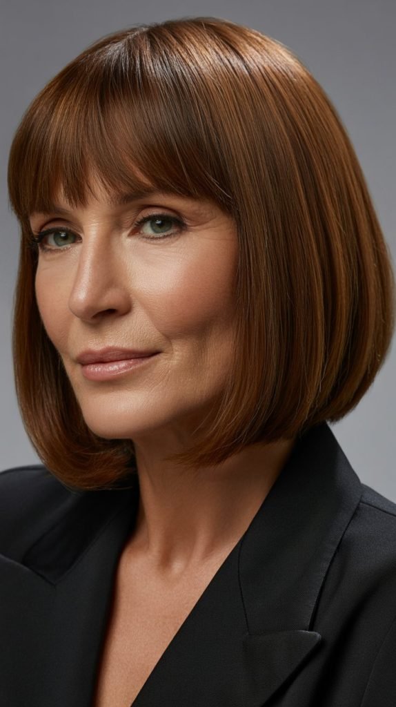 16. Sleek Long Bob with Brow-Skimming Bangs