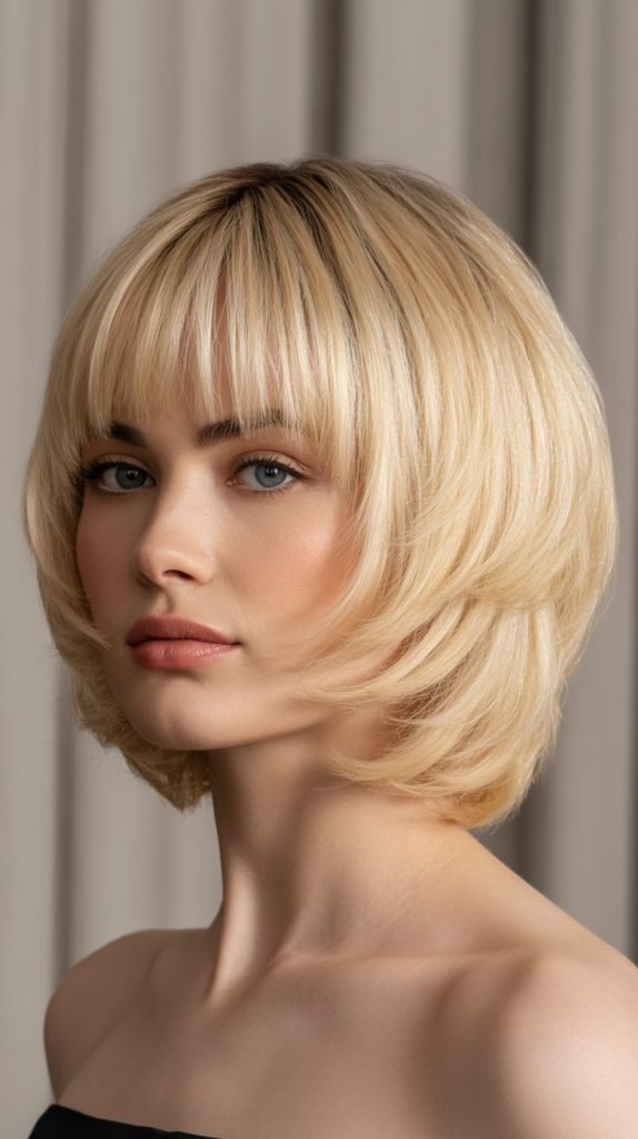 22. Stacked Long Bob with Tapered Bangs