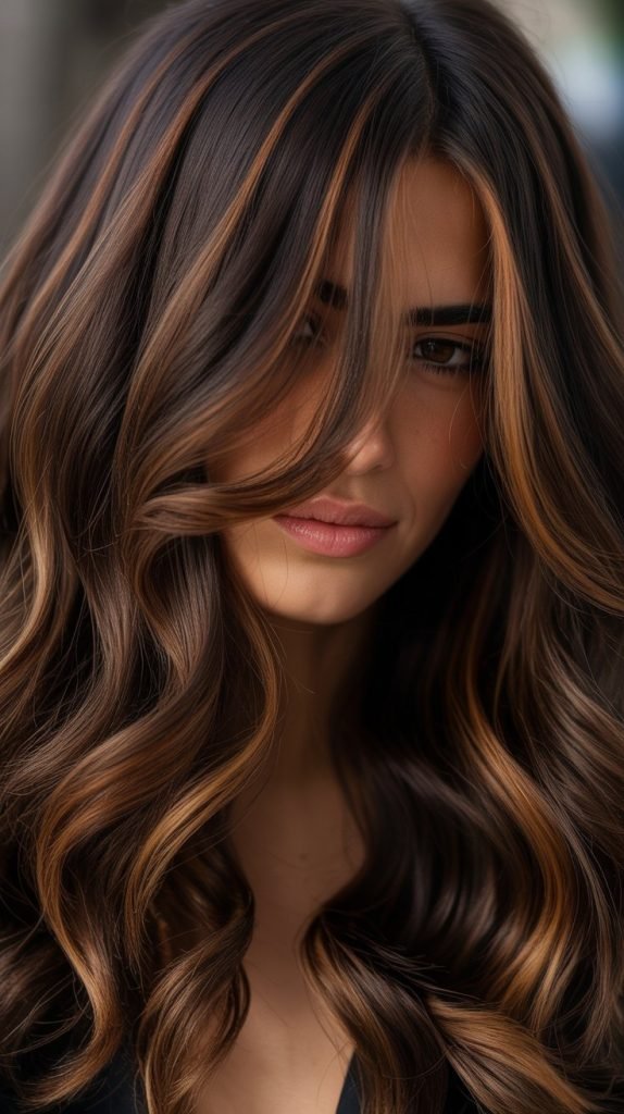 Rich Caramel Highlights on Dark Brown Layered Hair