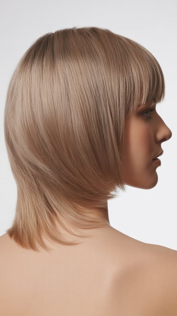 11. Graduated Long Bob with Brow-Skimming Bangs