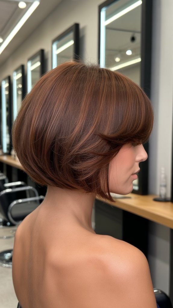 Stacked Long Bob with Forward-Swept Curtain Bangs