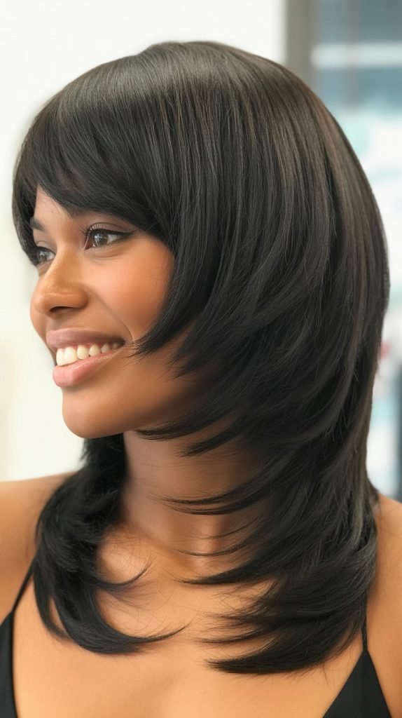 3. Layered Long Bob with Curtain Bangs