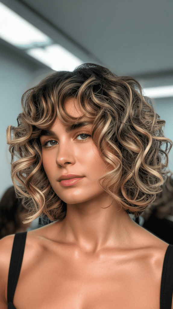 Curly Bob with Curtain Bangs and Highlights