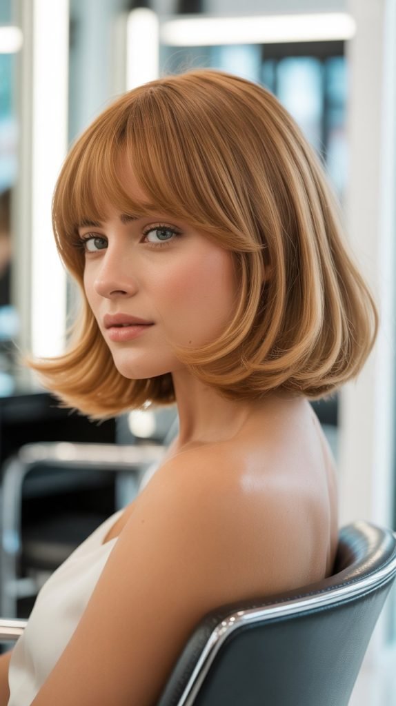 6. Chin-Length Bob with Soft Curtain Bangs