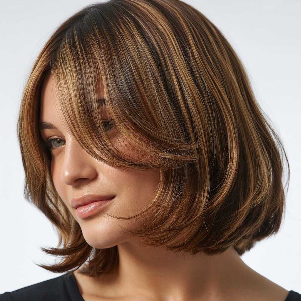 9. Long Bob with Curtain Bangs and Hidden Layers