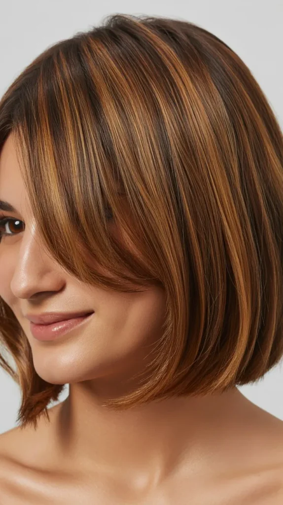 Angled Bob with Curtain Bangs and Caramel Lowlights