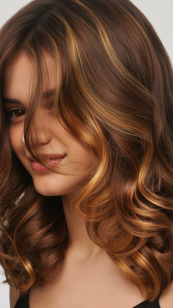 10. Mocha Balayage with Gold Highlights