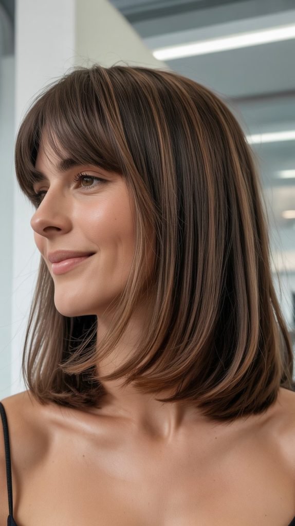 10. Long Bob with Curtain Bangs and Hidden Layers