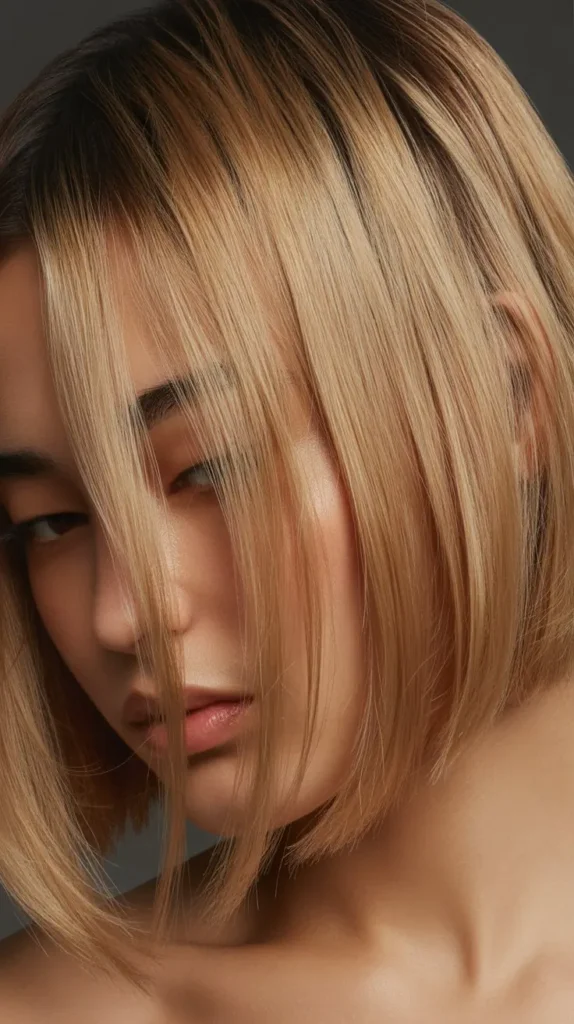 Angled Bob with Curtain Bangs and Underlights