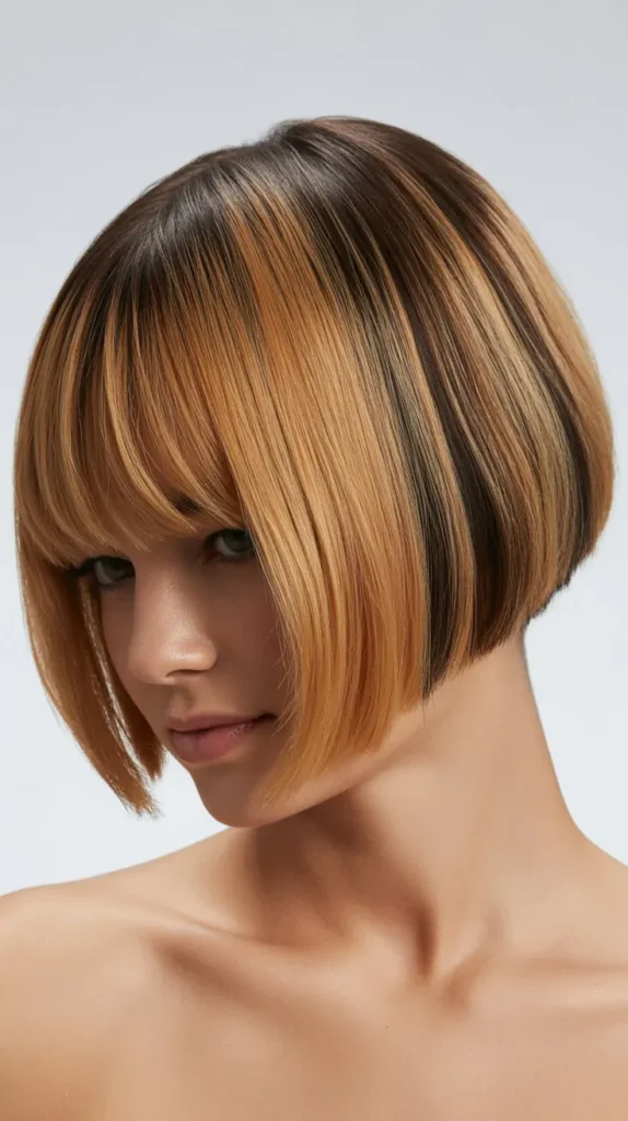 Angled Bob with Curtain Bangs and Root Shadow