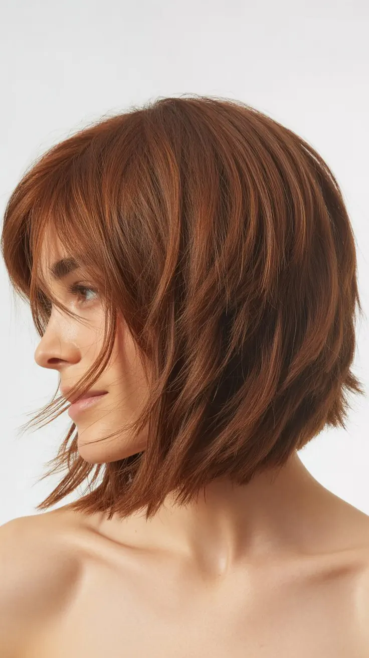 Textured Choppy Angled Bob with Wispy Curtain Bangs