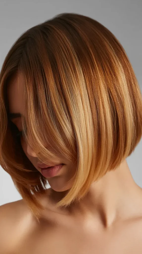 Angled Bob with Curtain Bangs and Ombre
