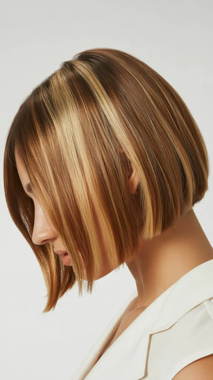 Angled Bob with Curtain Bangs and Money Pieces