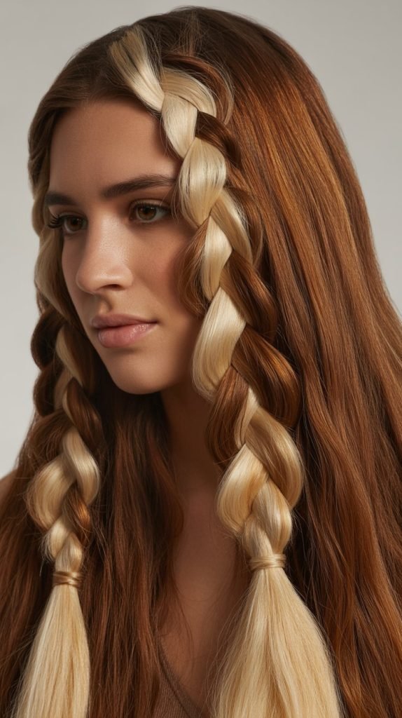 2. Chunky Blonde Streaks in Dutch Braids