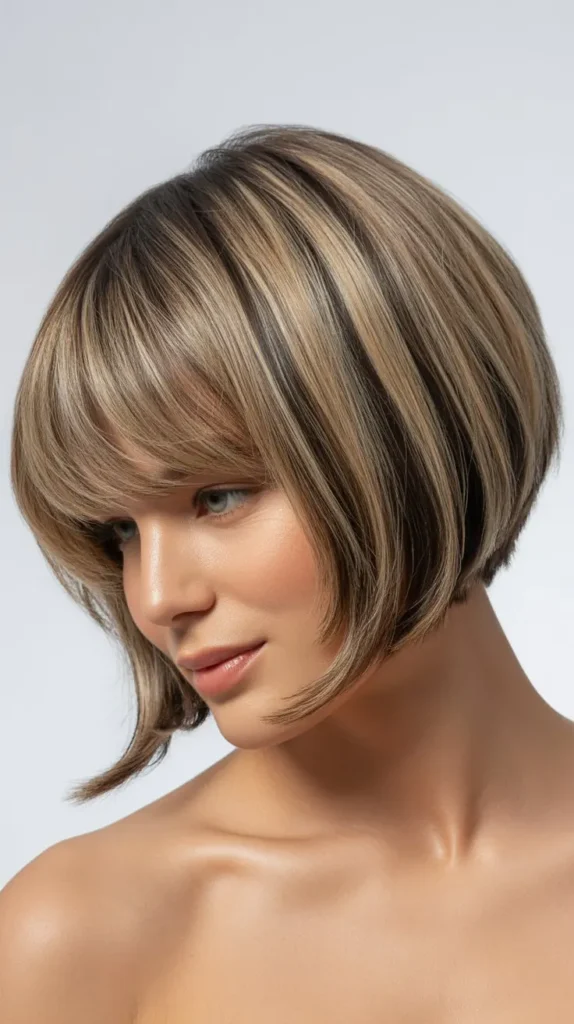 Angled Bob with Curtain Bangs with Modern Textured Styling