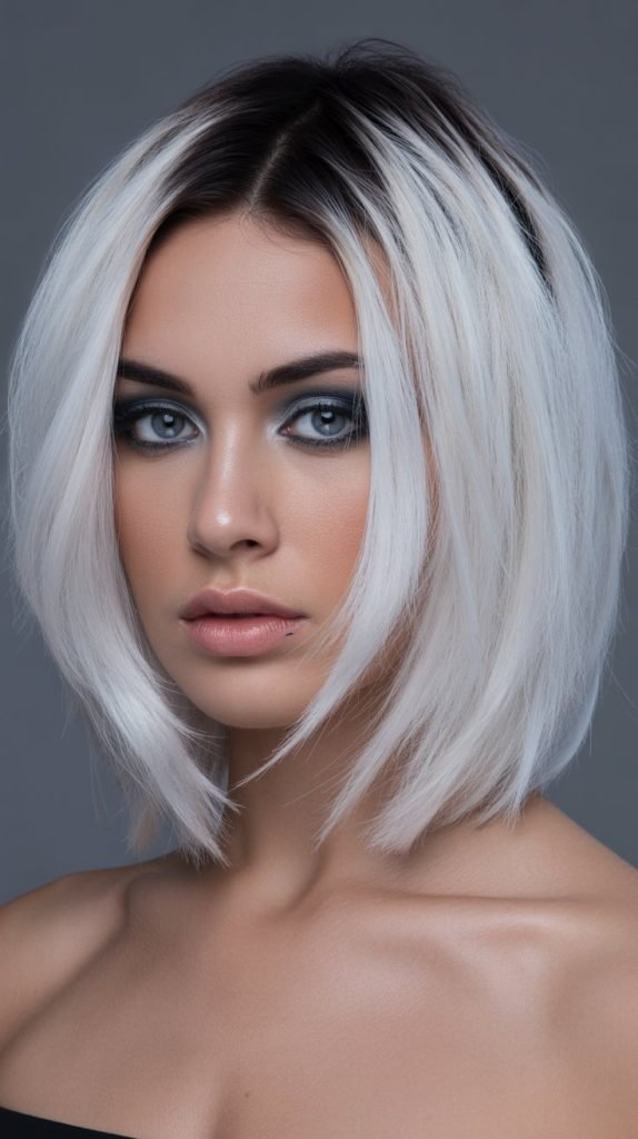 Platinum Blonde Balayage Bob with Dark Roots