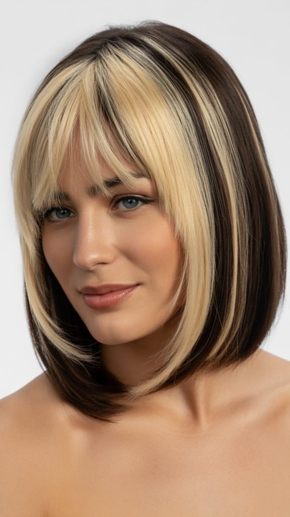 22. Long Bob with Curtain Bangs and Money Piece Highlights