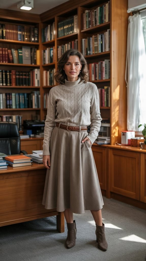  Cable Knit Sweater with A-Line Skirt