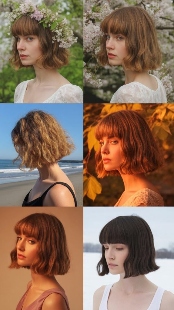 Inverted Bob with Curtain Bangs Seasonal Variations
