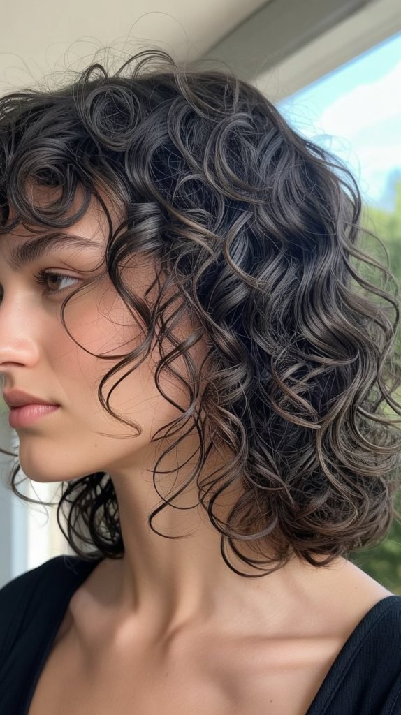 9. Long Bob with Curtain Bangs for Fine Curly Hair