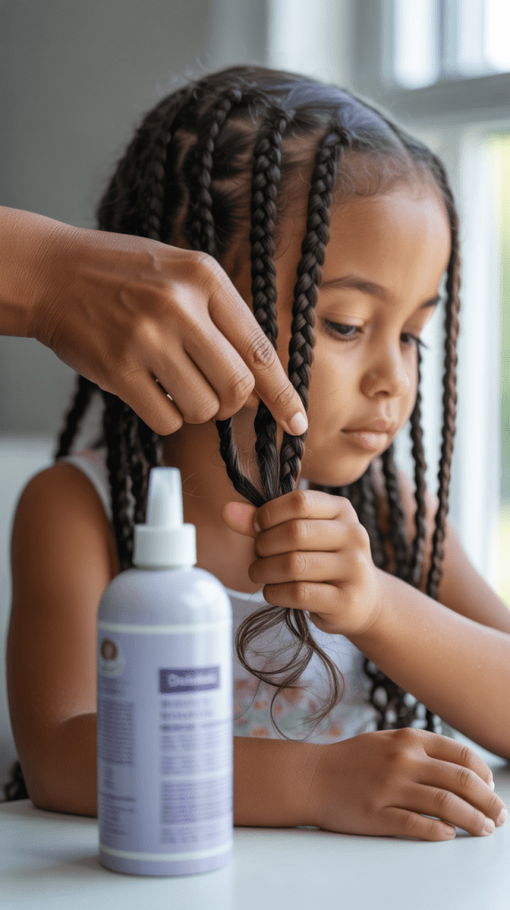 Realistic photo demonstrating gentle cornrow removal process, close-up of fingers carefully unbraiding ends, detangling spray bottle visible, natural hair care, patient careful technique, soft natural lighting(real image) (women)
