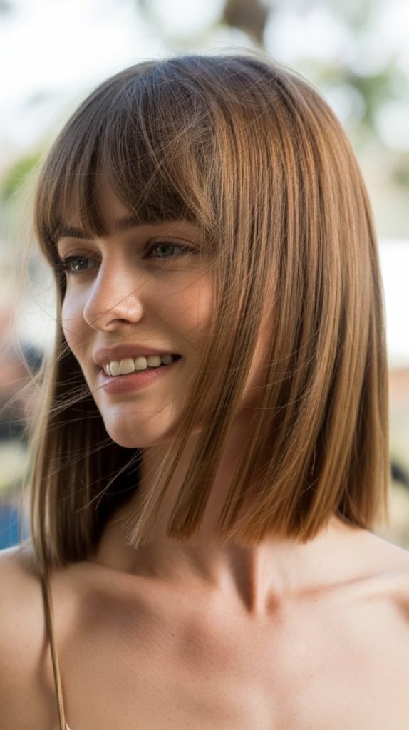 30. Long Bob with Curtain Bangs and Natural Texture Enhancement
