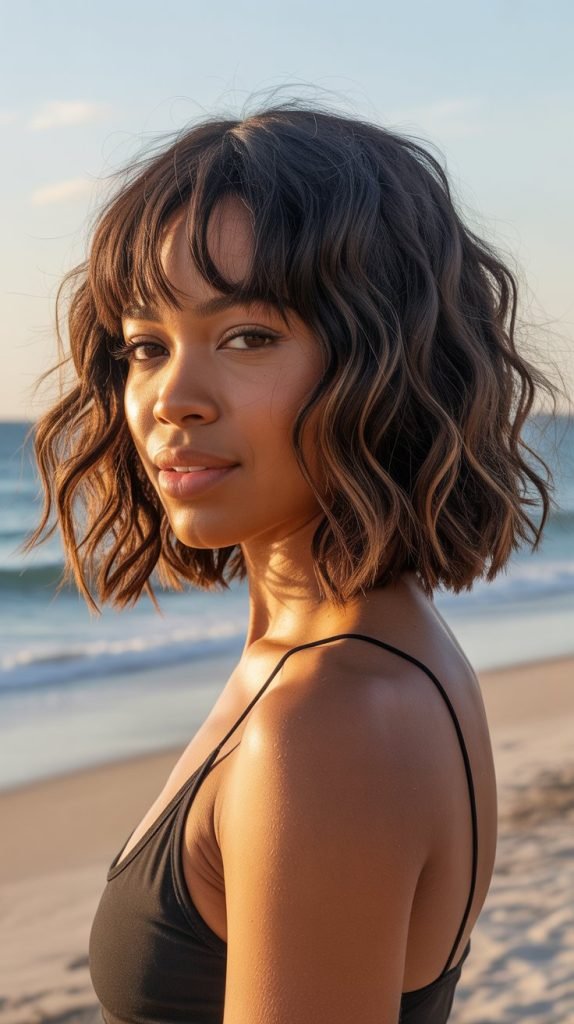 13. Beach Wave Long Bob with Curtain Bangs