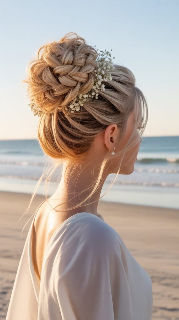 29. High Braided Bun with Textured Finish