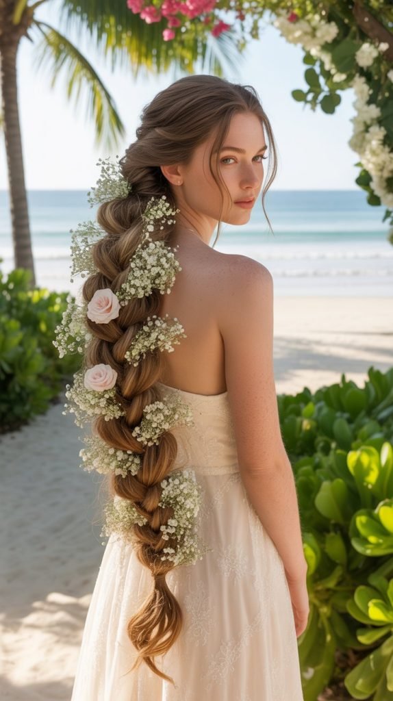 9. Fishtail Braid with Flowers Woven Throughout