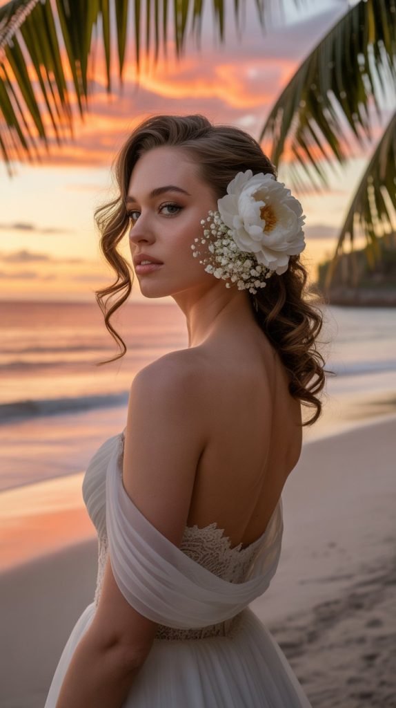 20. Side-Swept Curls with Floral Accent