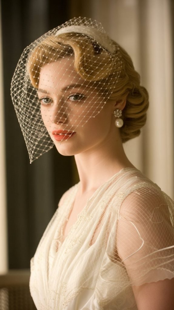 24. Soft Pinned Curls with Vintage Veil