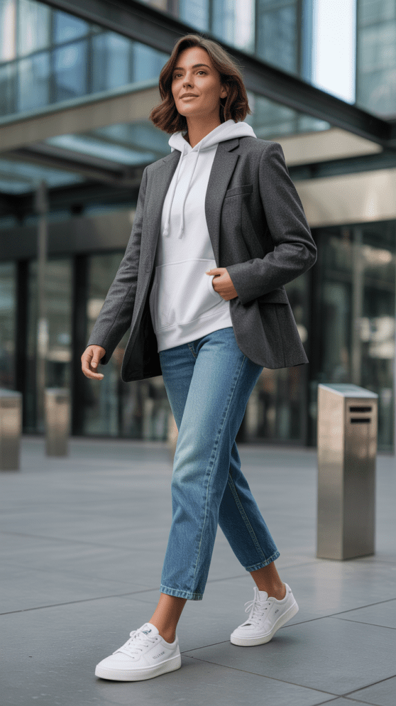 Wool Blazer Over Hoodie with Straight-Leg Jeans