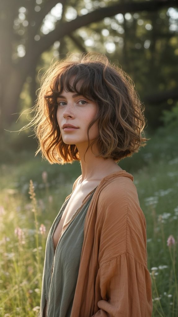 26. Wavy Long Bob with Bohemian Curtain Bangs