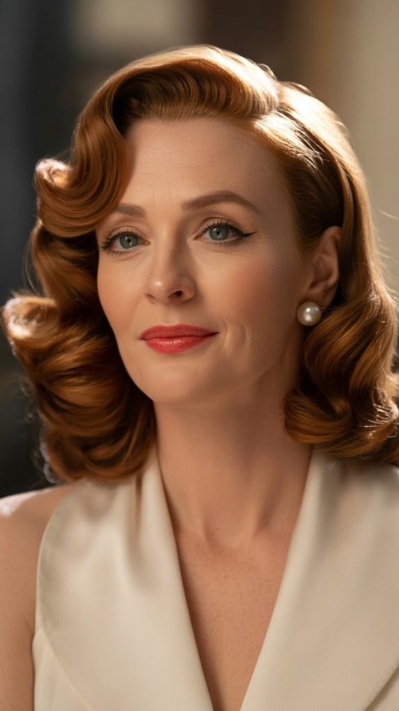 26. Vintage-Inspired Long Bob with Victory Roll Bangs