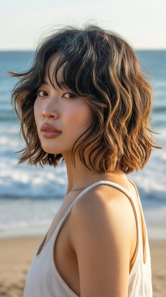 16. Beachy Long Bob with Tousled Curtain Bangs