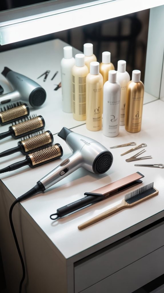 29. Long Bob with Curtain Bangs Styling Tools and Products