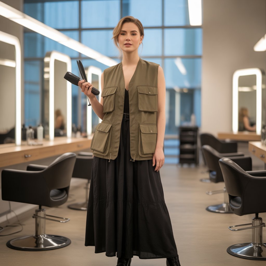 27. Lightweight Utility Vest Over Maxi Dress