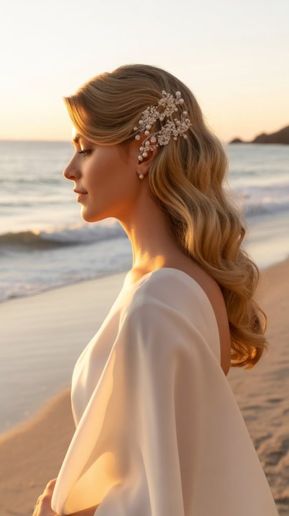 11. Side-Swept Waves with Hair Jewelry