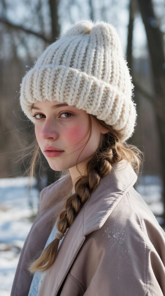 1. Classic Side Braid with Beanie