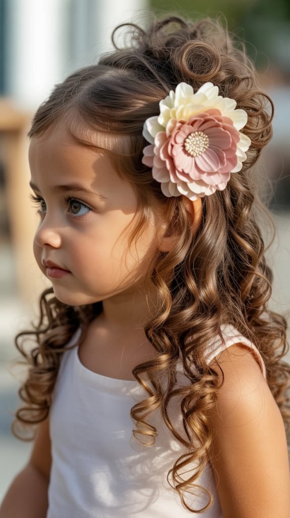13. Side-Swept Curls with Flower Clip