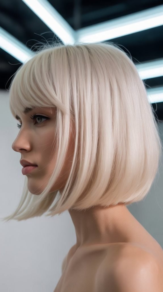 Platinum Blonde Blunt Bob with Wispy Curtain Bangs