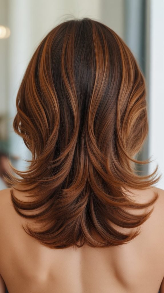 Caramel Highlights on U-Shaped Layered Brown Hair