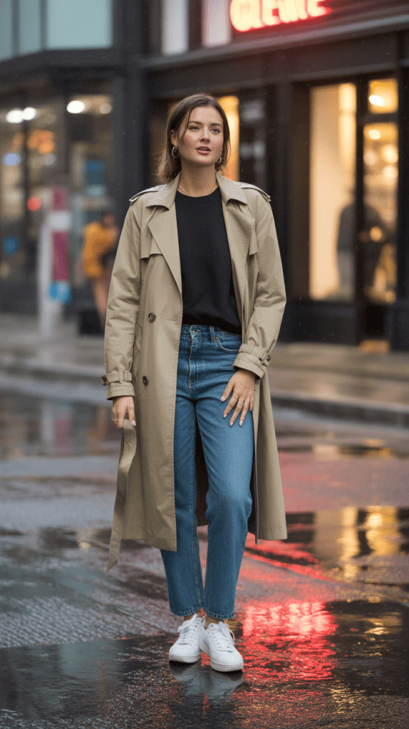  Trench Coat with Sweater and Straight-Leg Jeans