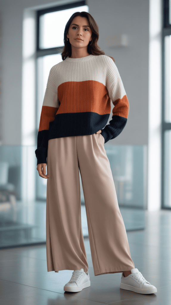  Color-Blocked Sweater with Neutral Bottoms