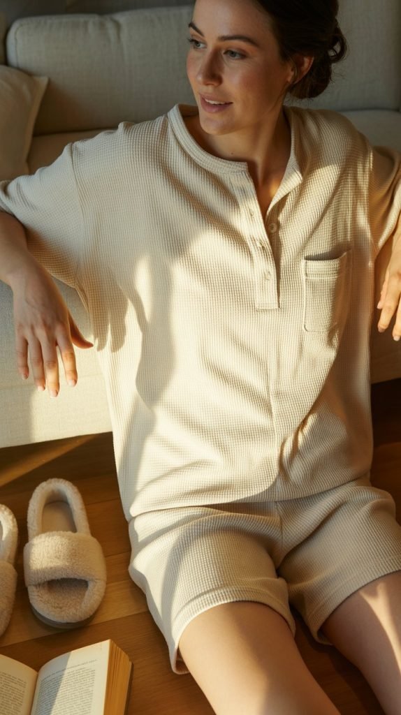 Waffle Knit Henley and Shorts Set