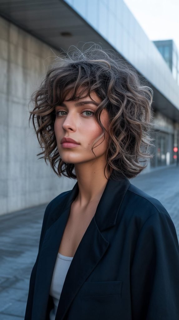 Curly Shaggy Bob with Textured Curtain Bangs