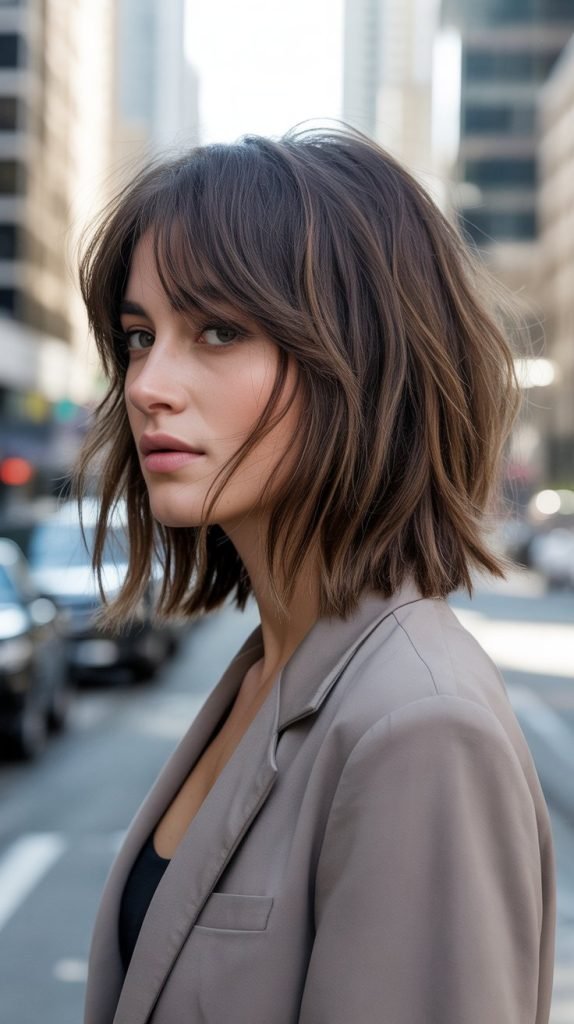 9. Choppy Long Bob with Curtain Bangs