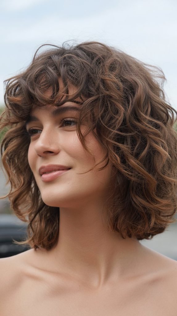 20. Messy Curly Bob with Textured Curtain Bangs