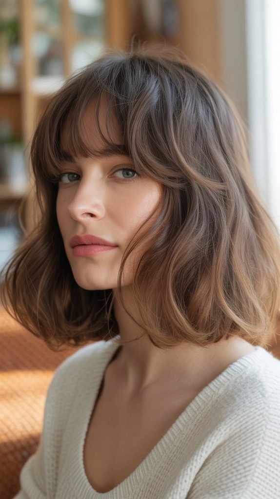 Undone Long Bob with Natural Curtain Bangs